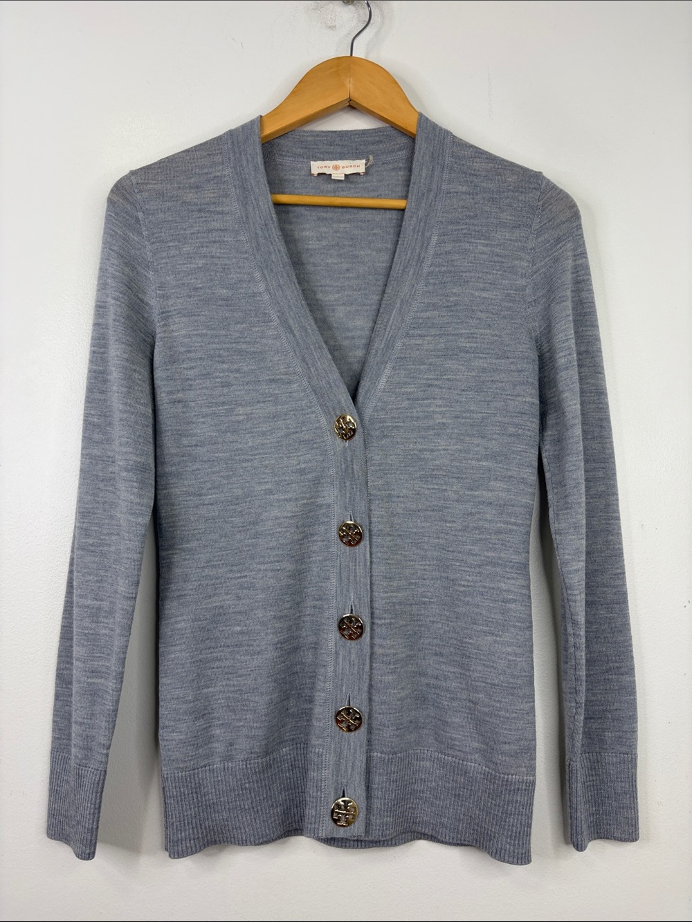 Tory Burch Sweater Womens Small Light Gray Merino Wool Gold Logo Button Cardigan